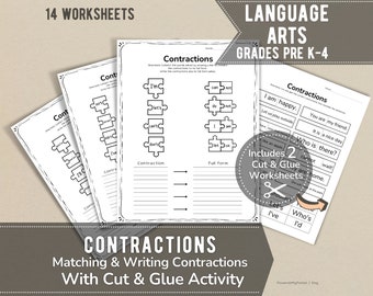 Language Arts - Printable Worksheets On Writing Contractions and Apostrophes | Cut & Glue Activity | Pre-K, Kindergarten, 1st, 2nd, 3rd, 4th