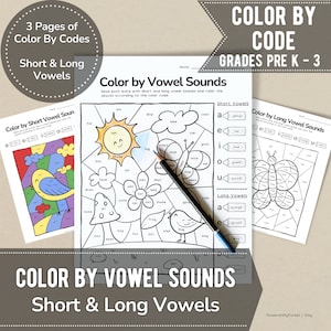 Color by Code - Short & Long Vowels Printable Worksheets | Phonics | Grades Pre-K, Kindergarten, 1st, 2nd, 3rd | Coloring Activity