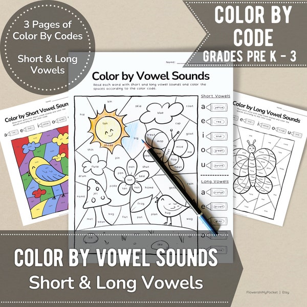 Color by Code - Short & Long Vowels Printable Worksheets | Phonics | Grades Pre-K, Kindergarten, 1st, 2nd, 3rd | Coloring Activity