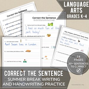 Correct the Sentence Printable Worksheets | Summer Break Writing Practice | Language Arts | Teaching Resources | Homeschool | Elementary