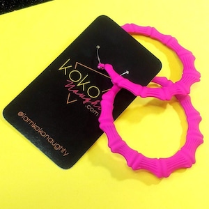 Hot Pink Bamboo Tiki Pinup girl Tropical Party Hoop Earrings