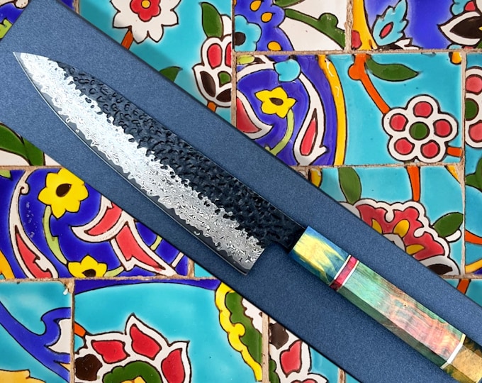 Handmade Damascus VG-10 Japanese Kiritsuke Hammer Finish Chef's Knife with stabilized wood handle