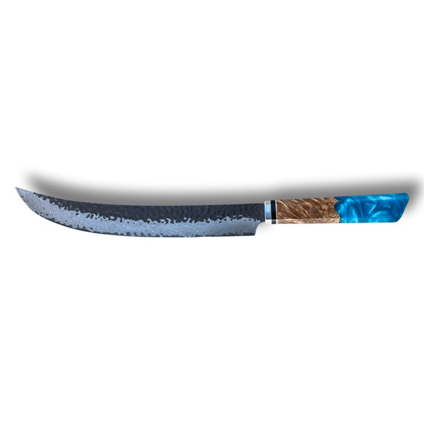 Handmade Damascus 10" VG-10 Yanagiba Korouchi finish hammer blade carving knife with blue resin handle