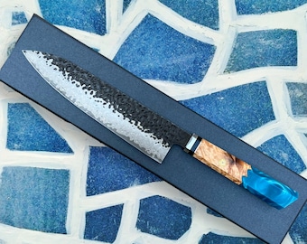 Handmade Damascus VG-10 Japanese Kiritsuke Hammer Finish Chef's Knife with blue resin handle