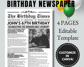 Birthday Newspaper Canva Template Customizable Newspaper Poster Editable News Article Personalized Newspaper Printable Templates Invitation