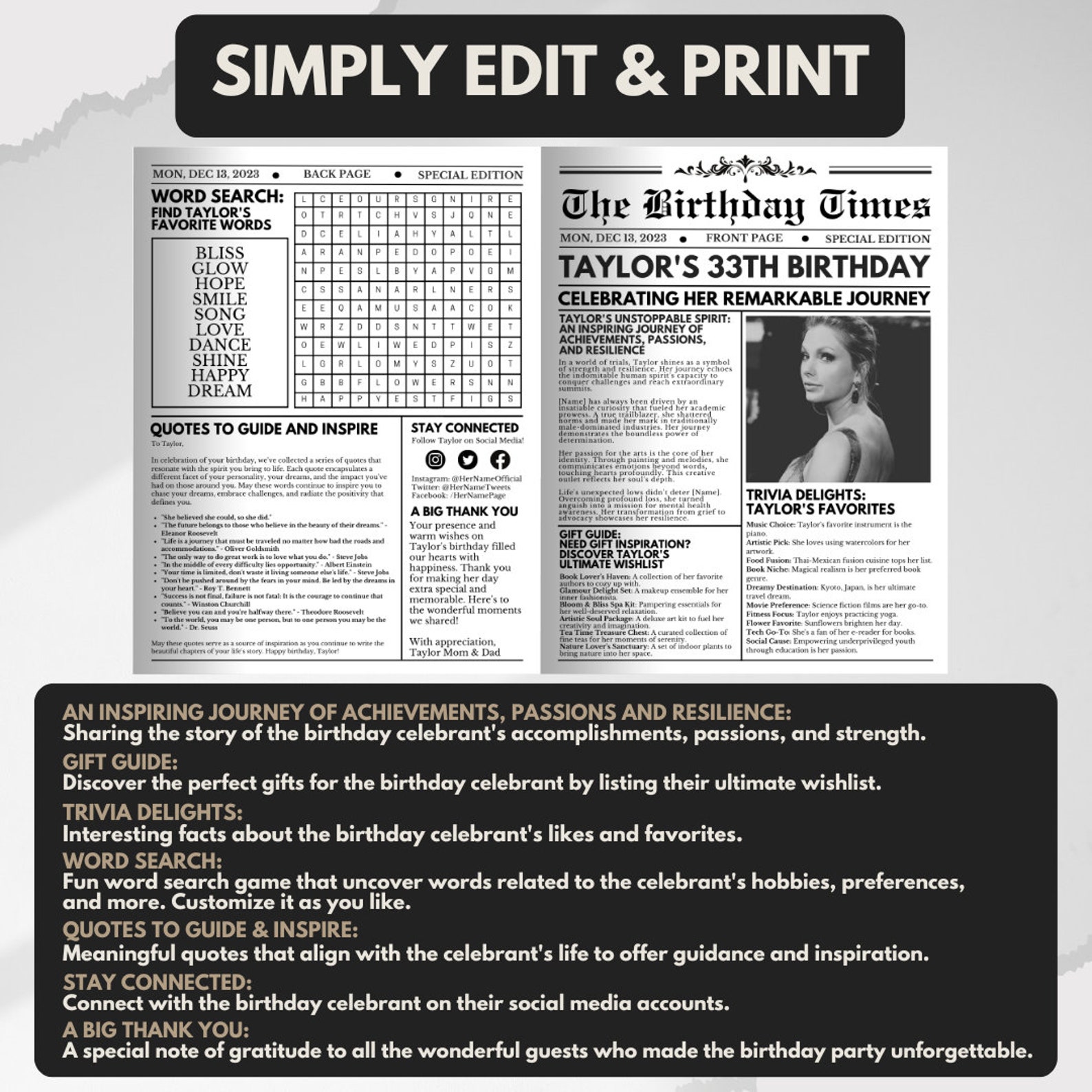Birthday Newspaper Template Newspaper Customizable Poster Sign ...