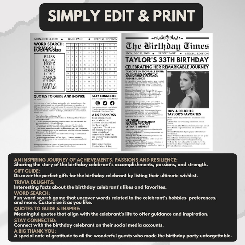 Easy Customizable Birthday Party Newspaper Template