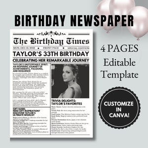Birthday Newspaper Template Newspaper Customizable Poster Sign ...