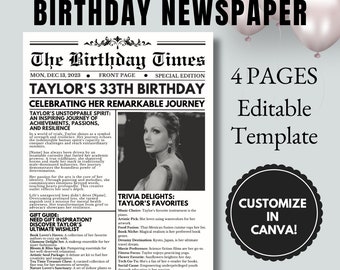 Birthday Newspaper Template Newspaper Customizable Poster Sign Newspaper Editable Template Birthday Newspaper Invitation Canva Printable