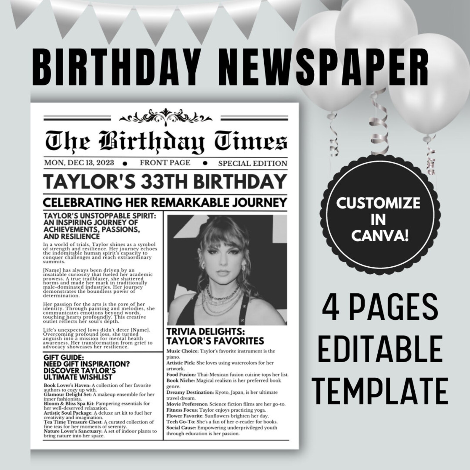 Birthday Newspaper Template Newspaper Customizable Poster Sign ...