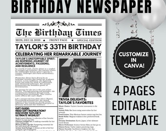 Birthday Newspaper Template Newspaper Customizable Poster Sign Newspaper Editable Template Unique Birthday Program Newspaper Invitation
