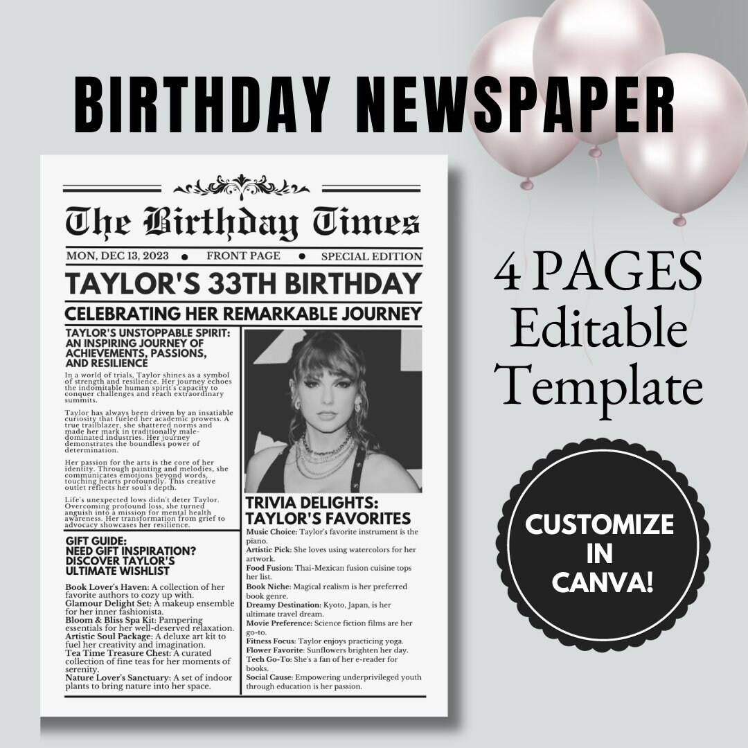 Birthday Newspaper Template Newspaper Customizable Poster Sign - Etsy