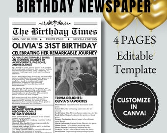 Personalized Birthday Newspaper Announcement Book Newspaper Headlines Newspaper Birthday Party Invitation Canva Template Newspaper Editable