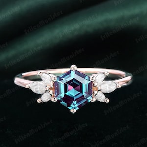 Hexagon Cut alexandrite engagement ring Unique vintage rose gold ring Diamond Cluster ring gemstone engagement ring Bridal ring Anniversary