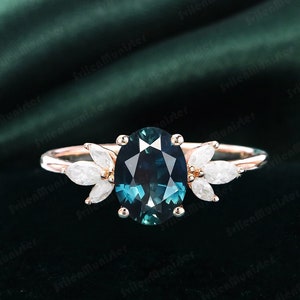 Oval Teal Sapphire Verlobungsring Einzigartiger vintage Roségoldring Marquiseschliff Diamant-Clusterring Verlobungsring Brautjubiläumsring