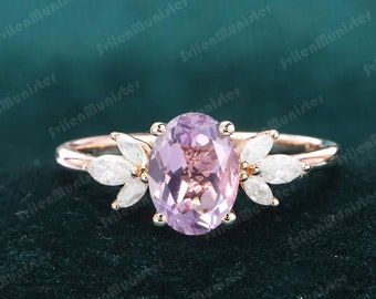 Oval Lavender amethyst engagement ring Unique vintage rose gold ring Marquise cut Diamond Cluster engagement ring Bridal ring Anniversary