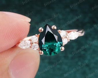 Vintage Emerald Engagement Ring Danity Rose Gold Ring Unique Pear Wedding Ring Marquise Cut Diamond Bridal  Anniversary Promise Ring