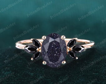 Vintage Oval Cut Blue Sandstone Engagement Rings Galaxy Starry Sky Cluster Ring Black Gemstone Ring Unique Wedding  Proposal Gifts for Women