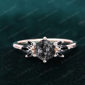 Vintage Hexagon Cut Black Quartz Rutliated Engagement Rings  Cluster Ring Black Gemstone Ring Unique Wedding  Proposal Gifts  Women