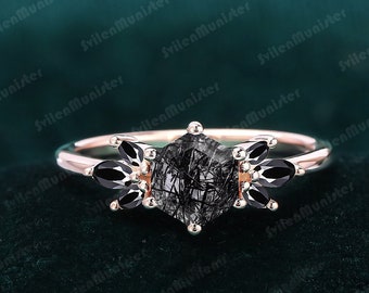 Vintage Hexagon Cut Black Quartz Rutliated Engagement Rings  Cluster Ring Black Gemstone Ring Unique Wedding  Proposal Gifts  Women