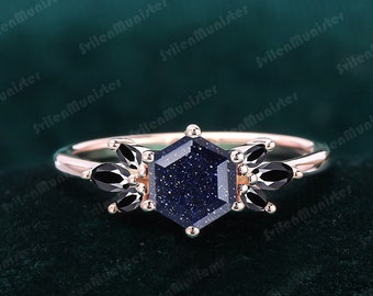 vintage Hexagon Cut Blue Grès Bagues de fiançailles Galaxy Starry Sky Cluster Ring Black Gemstone Ring Unique Proposition de mariage Cadeaux Femmes