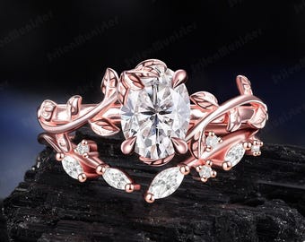 Vintage Oval Moissanite Engagement Ring Rose Gold Sets Bridal Sets Leaf Nature Inspired Promise Ring Diamond Art Deco Ring Gift For Her