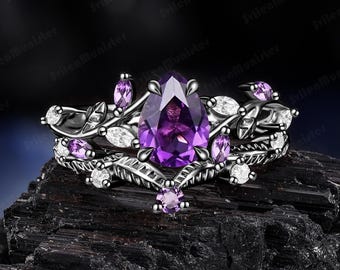 Gothic Black Gold Pear Amethyst Engagement Ring Sets Bridal Sets Leaf Nature Inspired Promise Art Deco Ring Handmade Jewelry Gift For Her