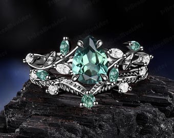 Zestaw pierścionków zaręczynowych z czarnego złota w stylu gotyckim z gruszką i zielonym szafirem, zestaw ślubny, pierścionek obietnicy inspirowany naturą w liściach, pierścionek w stylu art déco, prezent dla niej