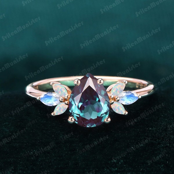 Vintage Pear Cut Alexandrite engagement ring color changed Alexandrite ring for women rose gold marquise moonstone ring silver jewelry gift