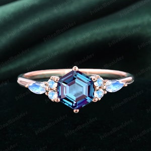 Hexagon Cut Alexandrite Engagement Ring Art Deco Rose Gold Ring Vintage Unique Wedding Ring Moonstone Bridal Ring Anniversary Promise Ring