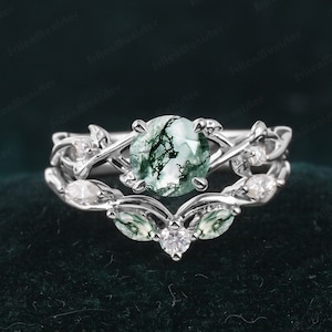 Unique Leaf Design Moss agate engagement Ring Sets Bridal Sets White Gold Promise Ring Art Deco Anniversary Gift Round Cut Nature Inspired