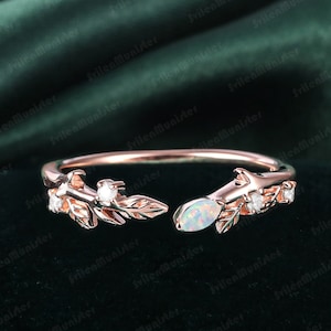 Nature Inspired Leaf  Opal Curved Wedding Ring Rose Gold Wedding Band Art Deco Ring Vintage Stacking Matching Band Promise Ring Women
