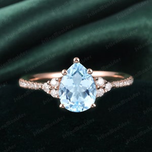 Pear shaped Aquamarine engagement ring Unique Rose gold Cluster engagement ring vintage Diamond ring Bridal anniversary gift for women