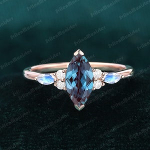 Vintage Marquise Cut Alexandrite Engagement Ring Danity Rose Gold Ring Unique Wedding Ring Moonstone Bridal Anniversary Promise Ring Women