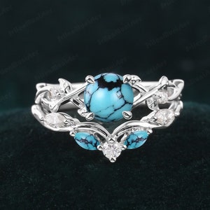 Unique Leaf Design Turquoise engagement Ring Sets Bridal Sets White Gold Promise Ring Art Deco Anniversary Gift Round Cut Nature Inspired