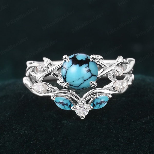 Unique Leaf Design Turquoise engagement Ring Sets Bridal Sets White Gold Promise Ring Art Deco Anniversary Gift Round Cut Nature Inspired