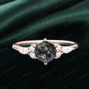 Unique Hexagon Cut Black Rutilated Quartz Engagement Ring Promise Ring Art Deco Rose Gold Ring Vintage Wedding Ring Bridal Ring Anniversary
