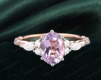 Oval Lavender Amethyst engagement ring Dainty  rose gold vintage engagement ring Marquise cut diamond twisted ring  anniversary promise ring