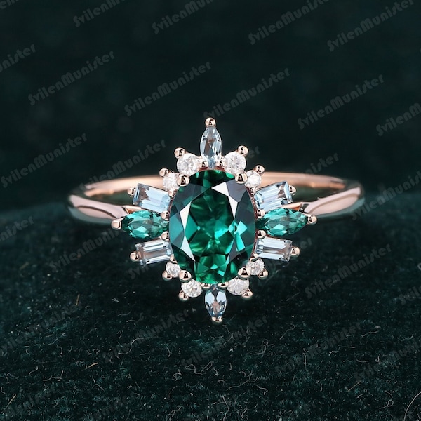Vintage Emerald Engagement Ring Art Deco Promise Ring For Her Rose Gold Unique Oval Cut Cluster Ring Gemstone May Birthstone Anniversary