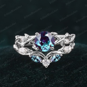 Unique Leaf Design Alexandrite engagement Ring Sets Bridal Sets White Gold Promise Ring Art Deco Anniversary Gift Round Cut Nature Inspired