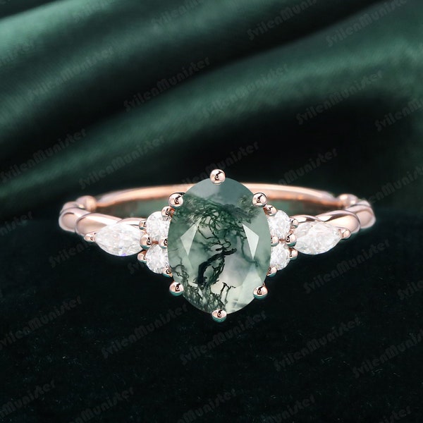 Oval Moss Agate engagement ring Dainty  rose gold vintage engagement ring Marquise cut diamond twisted ring bridal anniversary promise ring