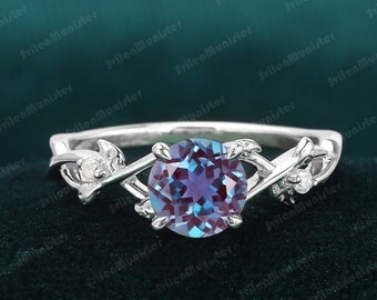 Unieke Leaf Design Ring Alexandrite Verlovingsring 925 Zilveren Ring Promise Ring Art Deco Verjaardag Cadeau Ronde Cut Alexandrite Ring Vrouwen