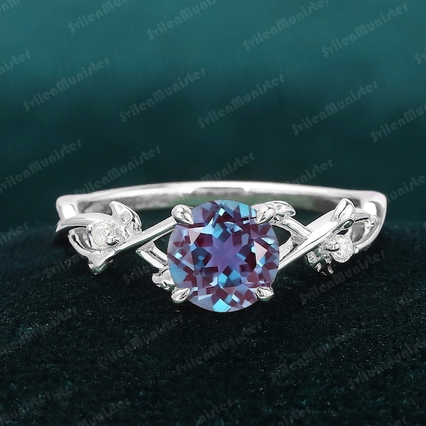 Unique Leaf Design Ring Alexandrite Engagement Ring 925 Silver Ring Promise Ring Art Deco Anniversary Gift Round Cut Alexandrite Ring Women