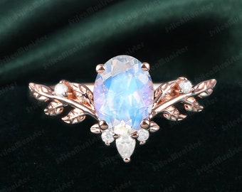 Ovale natuurlijke Maansteen verlovingsring Rose bladgoud Ring belofte Ring blauwe Maansteen juni Birthstone Art Deco Ring handgemaakte sieraden geschenken