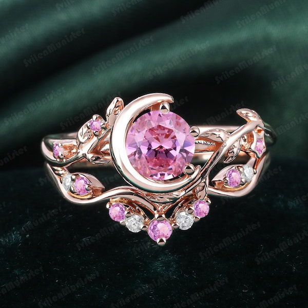 Unique Art Deco Ring Pink Sapphire Engagement Ring Bridal Sets Moon Star Dainty Vintage Rose Gold Leaf Promise Ring Handmade Jewelry Gift