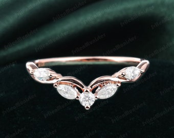 Curved wedding band women Vintage rose gold Marquise Cut Diamond  wedding band unique Bridal Ring Stacking Matching Band promise Ring Women