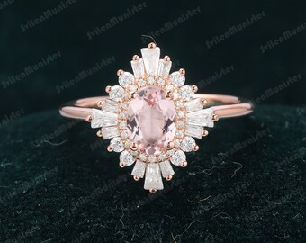 Vintage morganite engagement ring Unique rose gold diamond Art deco ring Engagement Ring  wedding Bridal Ring Anniversary gift Promise Ring
