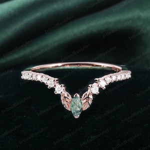 Moss Agate Curved Wedding Band Rose Gold Matching Band Bridal Ring Nature Inspired Leaf Stacking Band promise Ring Handmade Jewelry Gifts