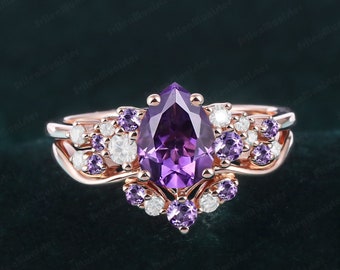 Unique Pear Shaped Amethyst Engagement Ring Sets Gemstone Promise ring For Her Cluster Ring Anniversary Art Deco Ring Bridal Sets Women