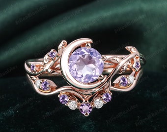 Art Deco Ring Nature Inspired lavender Amethyst Bridal Set Moon Star Gold Vintage  Engagement Ring Leaf Feb Birthstone Dainty Promise Ring
